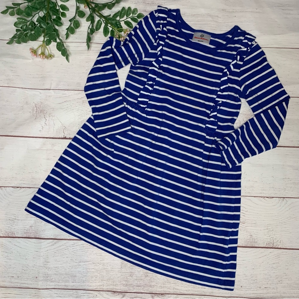 HANNA ANDERSSON Blue and white striped ruffled dress 4T 5T